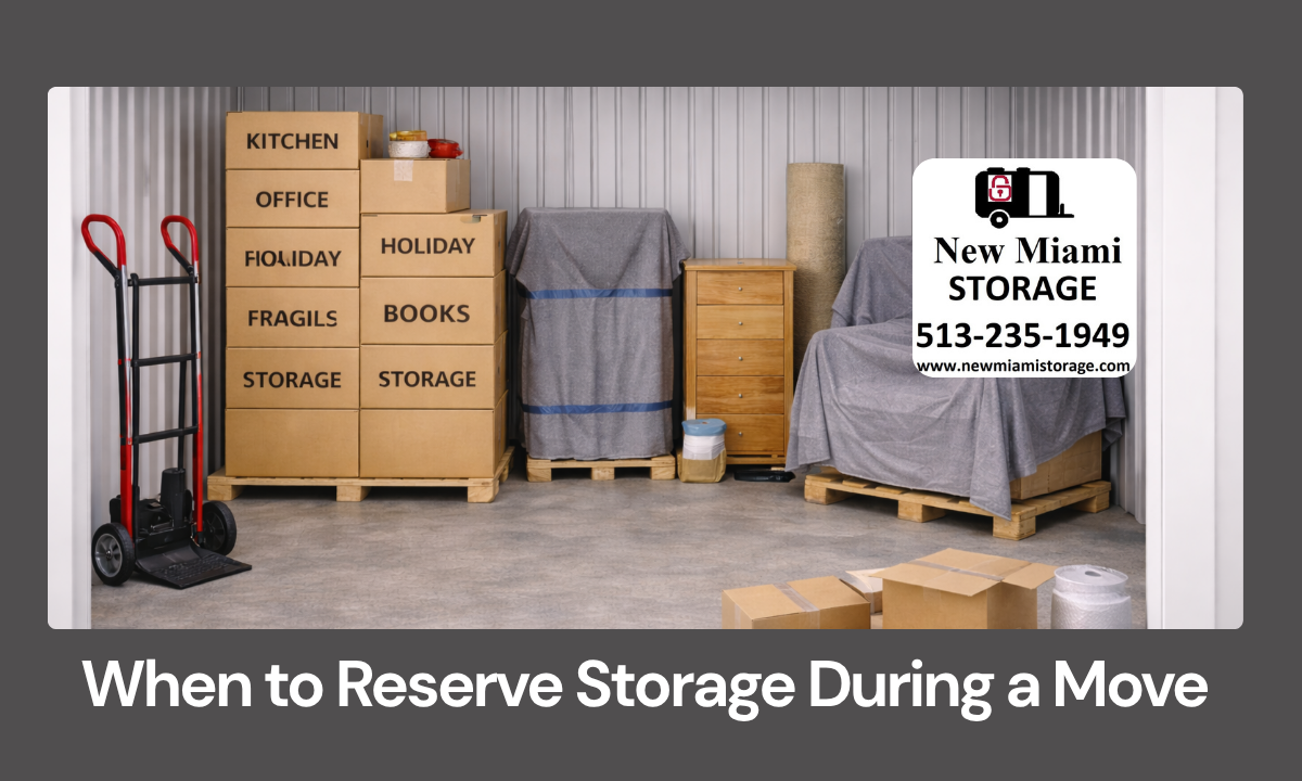 Boxes and furniture being moved into a storage unit during a planned home move