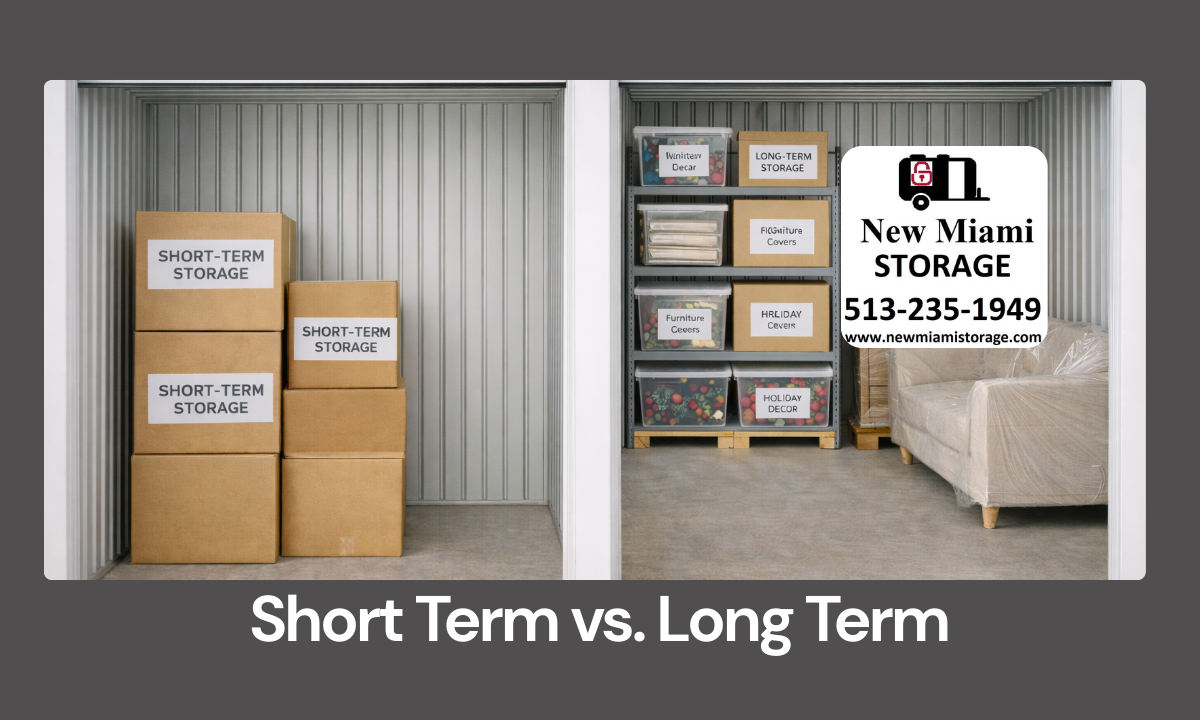 Storage unit organized with labeled boxes for short-term storage and wrapped furniture arranged.