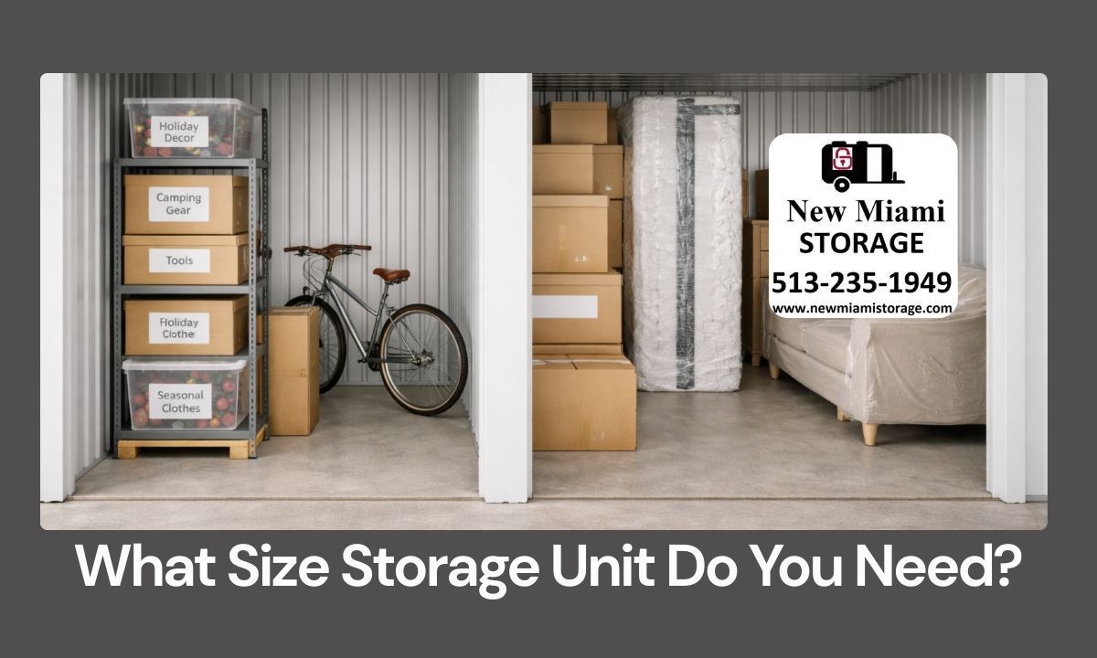 Side by side self storage units showing boxes and furniture arranged to demonstrate different sizes