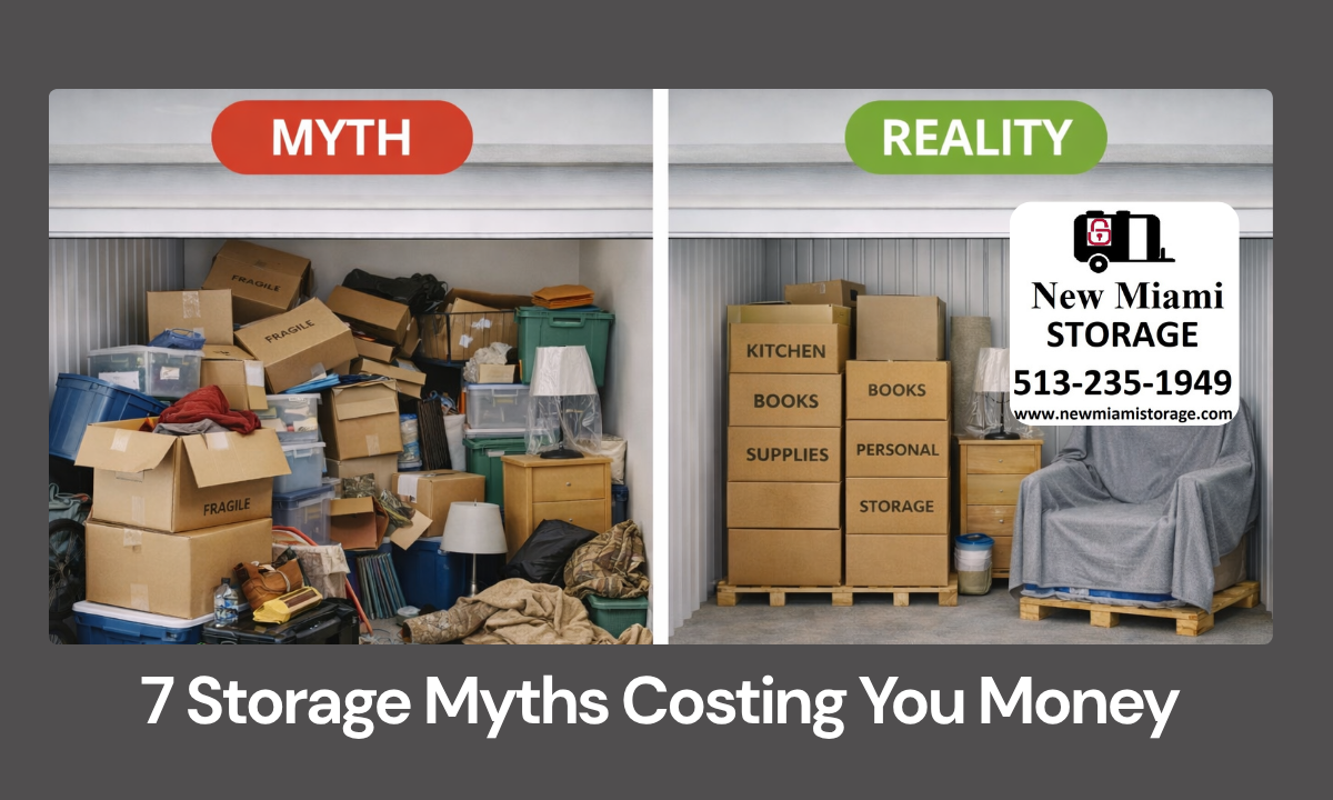 Before and after storage unit showing cluttered vs organized packing and layout