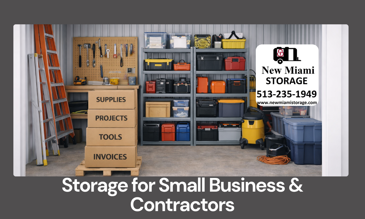 Clean storage unit with tools, shelving, and organized boxes used by small business owners.