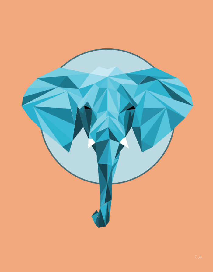 Geometric blue elephant head, set against a light blue circle, with a peach background.