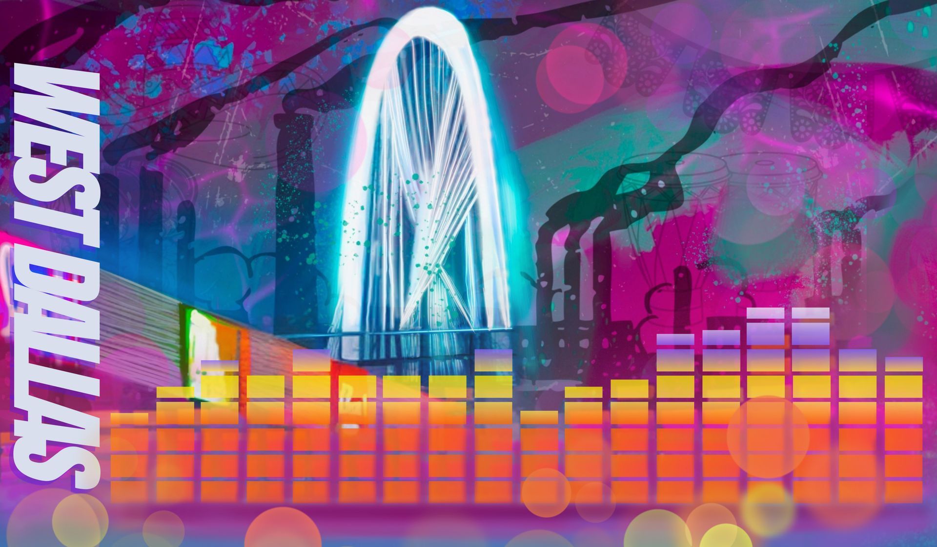 Colorful digital art of Dallas skyline with an arch, industrial smokestacks, and sound equalizer bars.