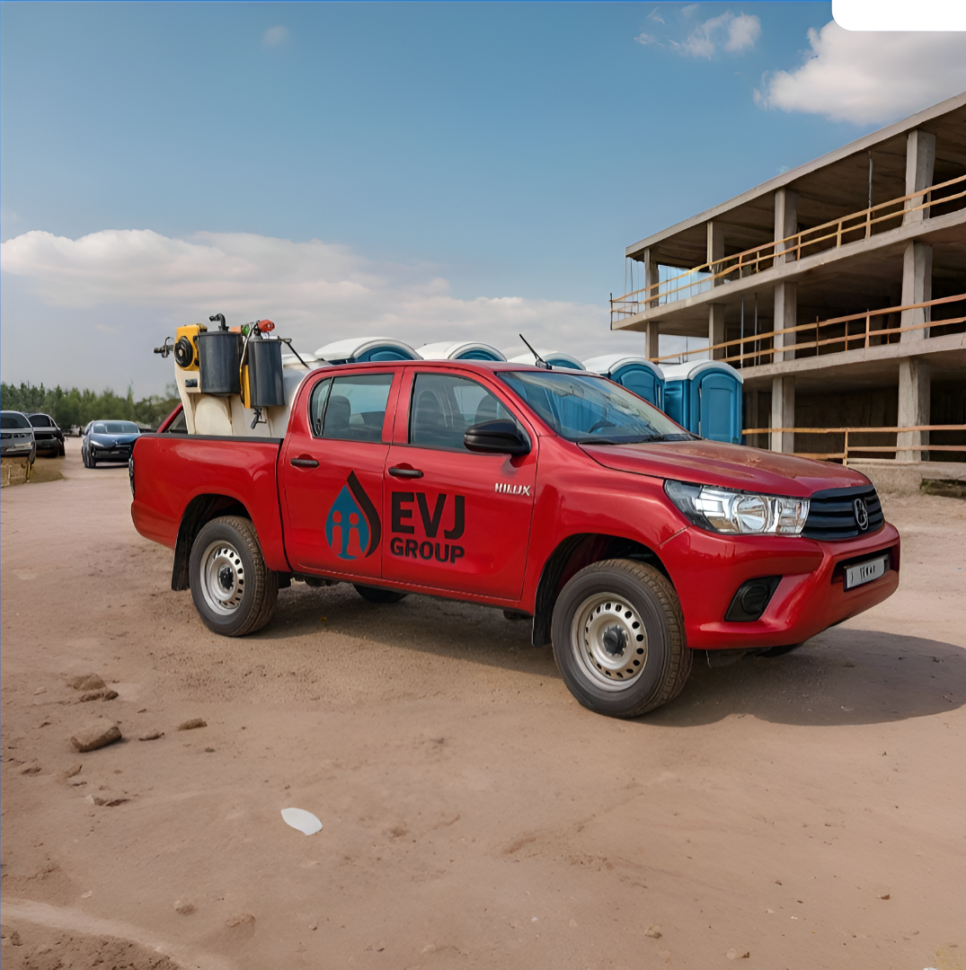 Una camioneta EVJ roja está estacionada en un lote de tierra