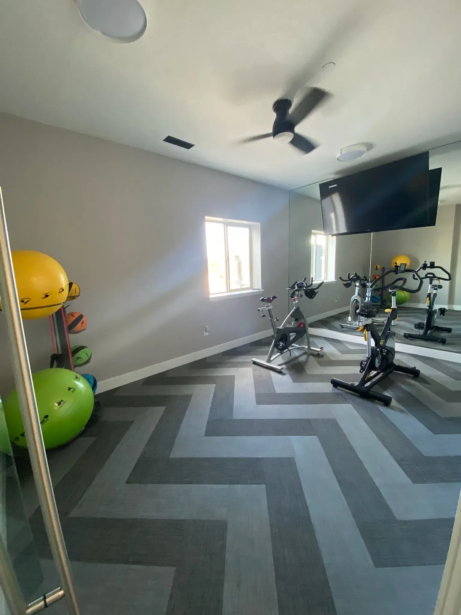 Gym room with spin bikes, yoga balls, and a TV.