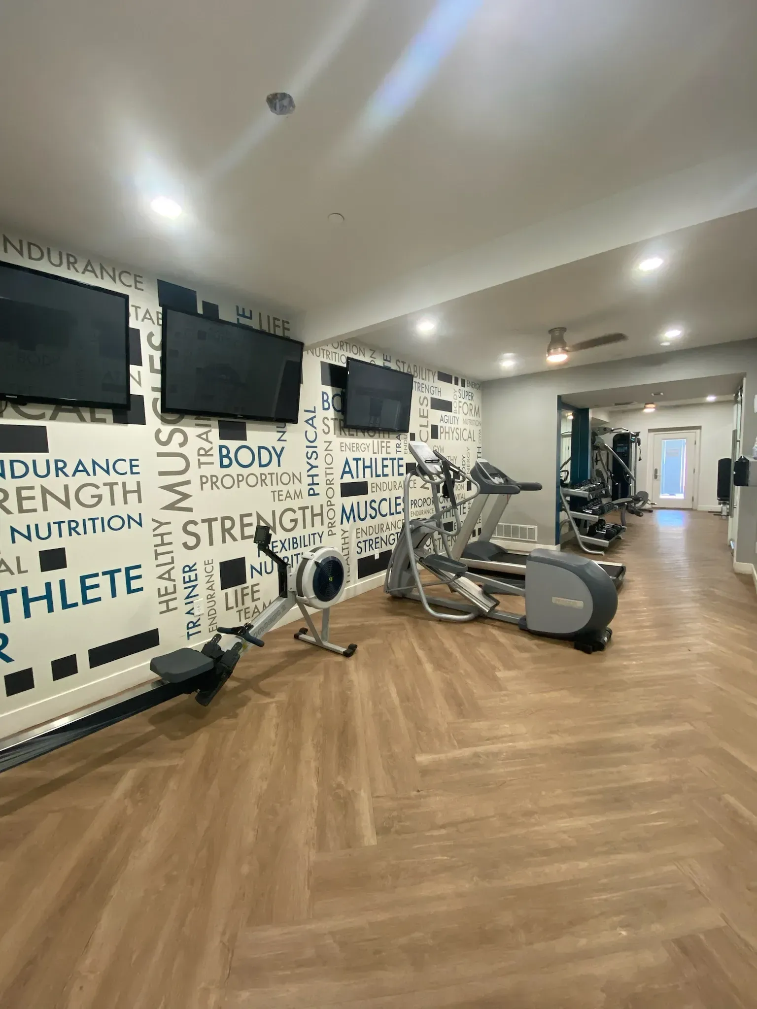Gym with treadmills, rowing machines, and TVs