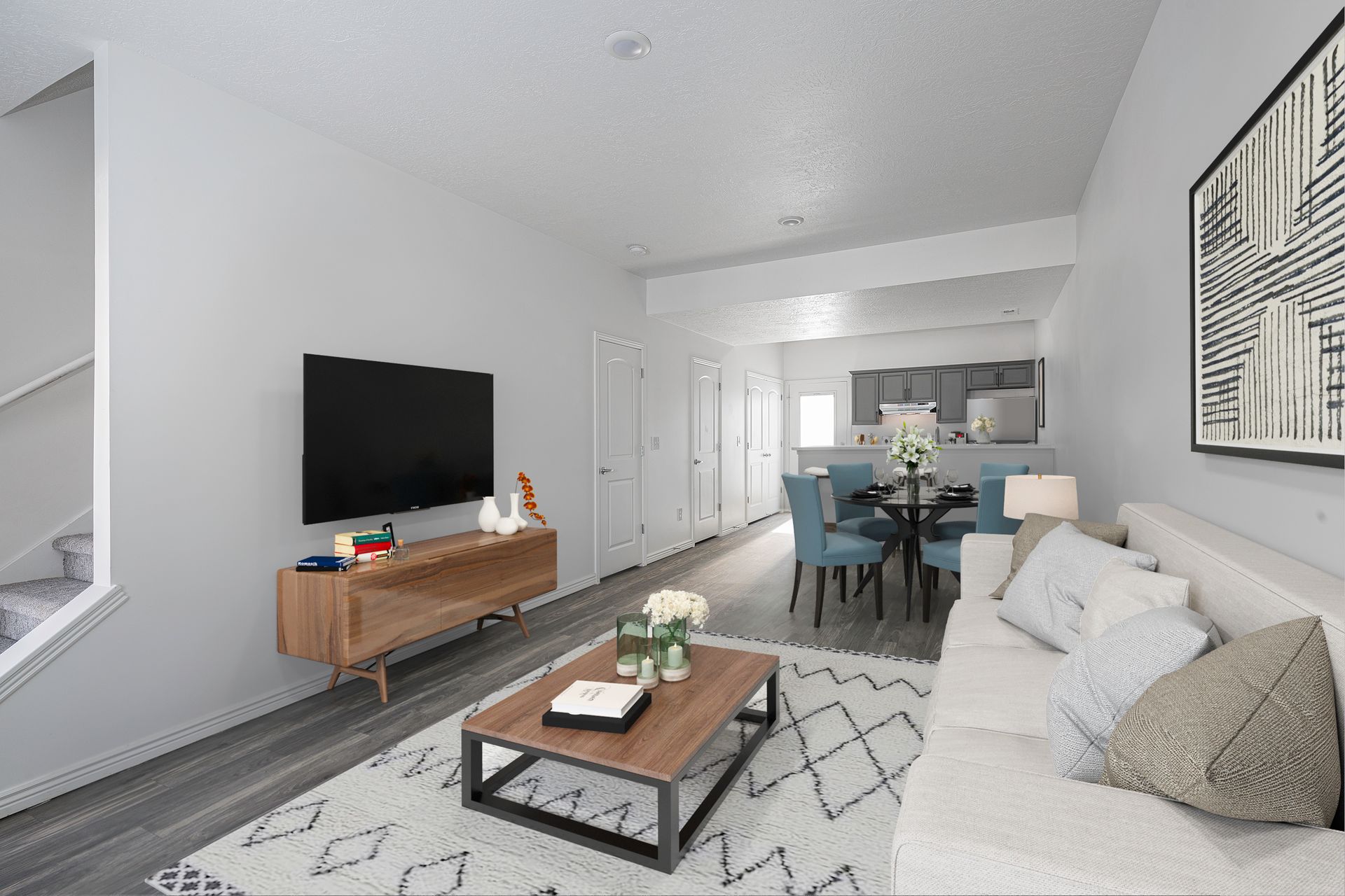 Modern living room with a sectional sofa, coffee table, and TV.
