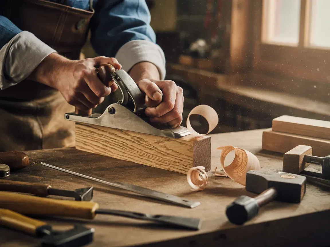 Hands planing a wooden block with a hand plane on a workbench in a workshop