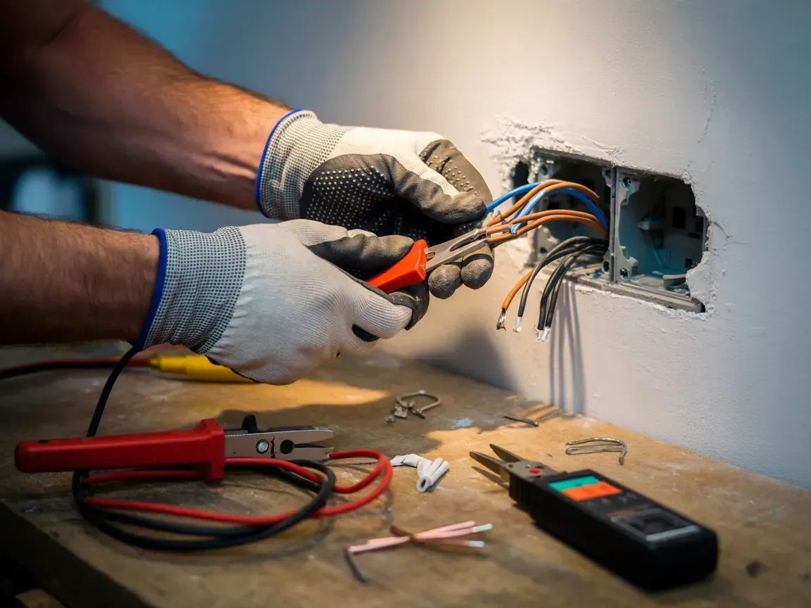 Electrician wiring a wall outlet with tools and exposed cables on a workbench