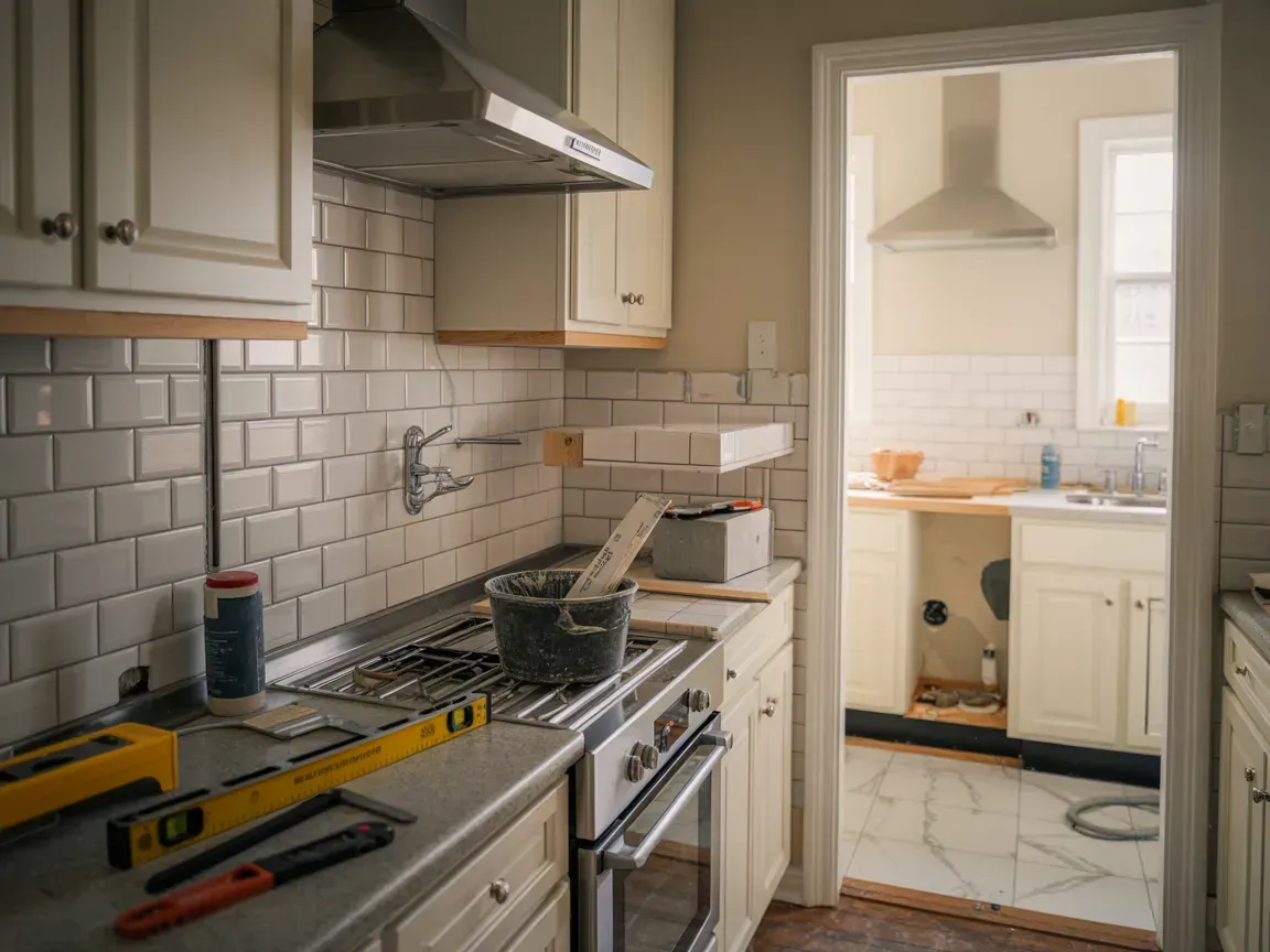Narrow kitchen under renovation with stove, tools, tile backsplash, and a doorway to a small bathroom-like room