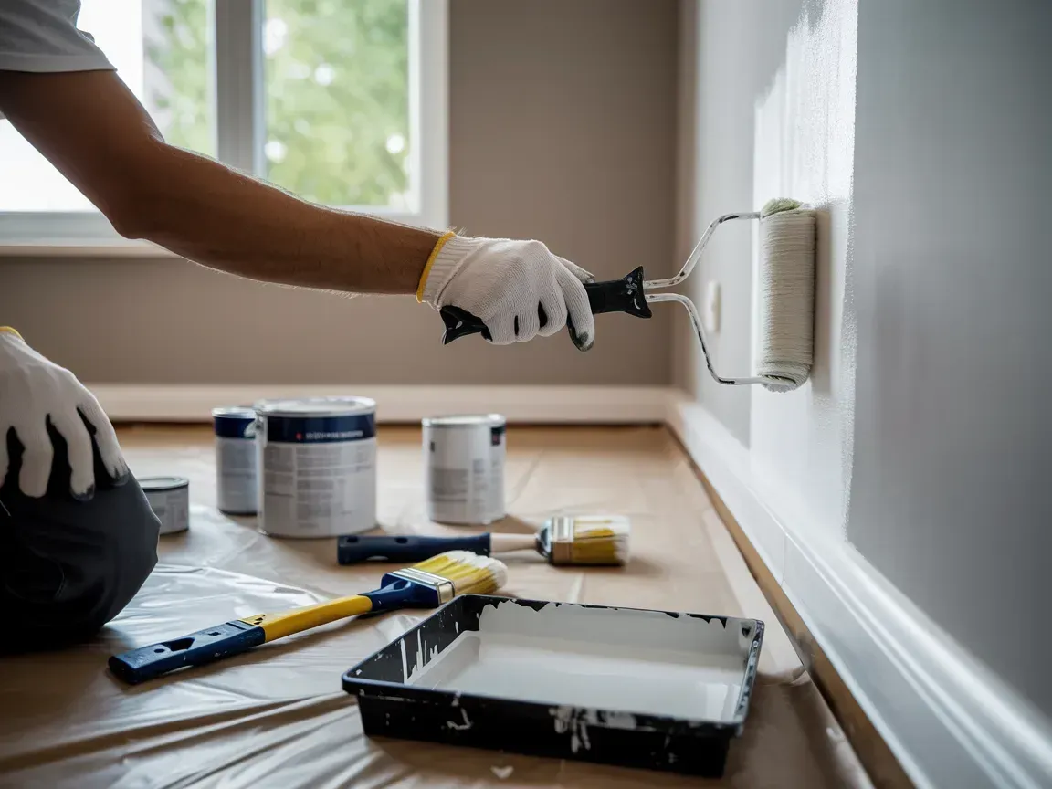 Painter using a roller to paint a white wall in a room with tools on the floor