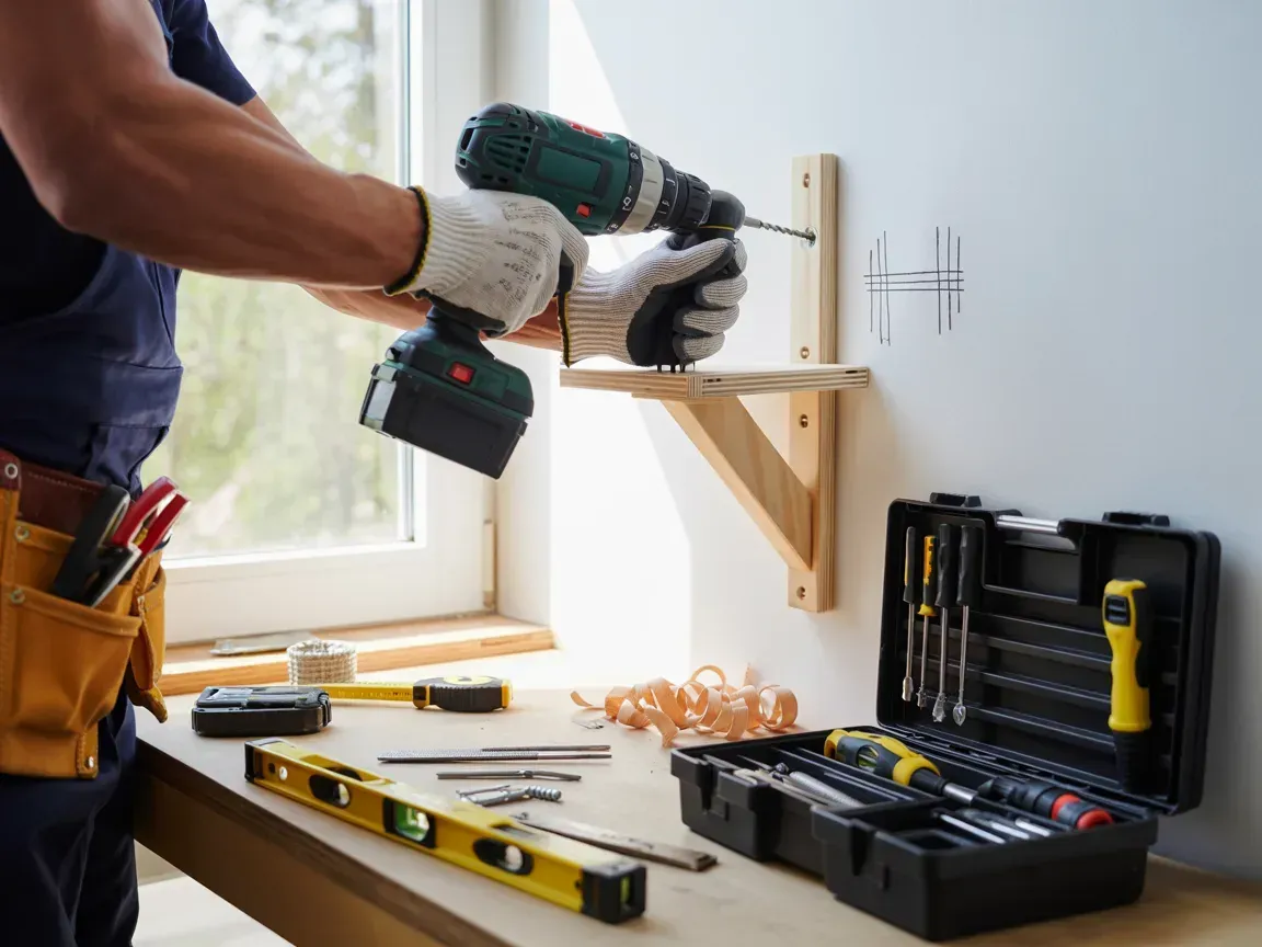 Person using a cordless drill to mount a wooden shelf in a bright workshop, with tools on a workbench.