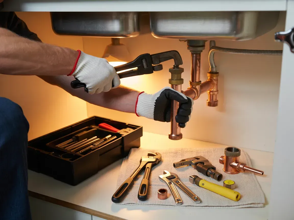 Plumber repairing sink pipes under a counter with tools laid out nearby