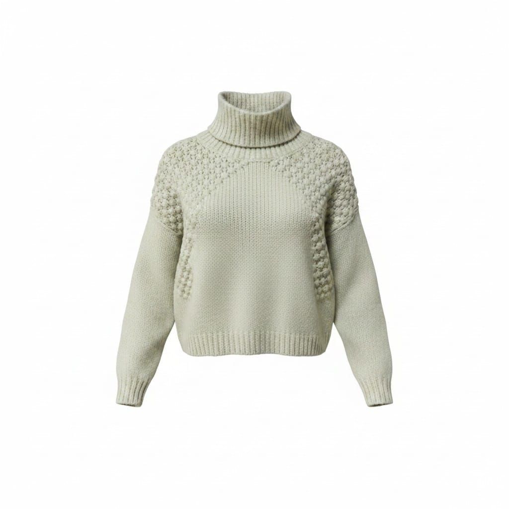 Jersey de cuello alto gris claro con tejido texturizado y mangas largas sobre fondo blanco.