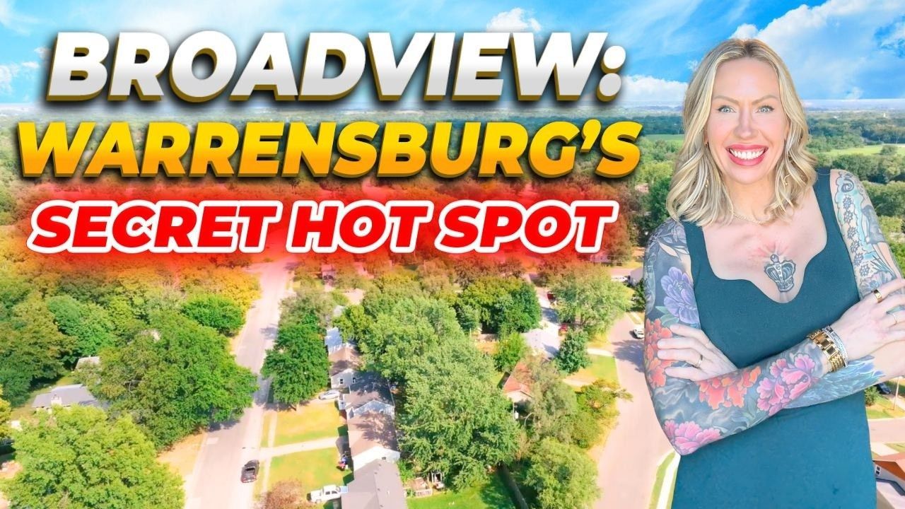 A woman with arm tattoos smiles in front of an aerial view of a suburban neighborhood, with the text 