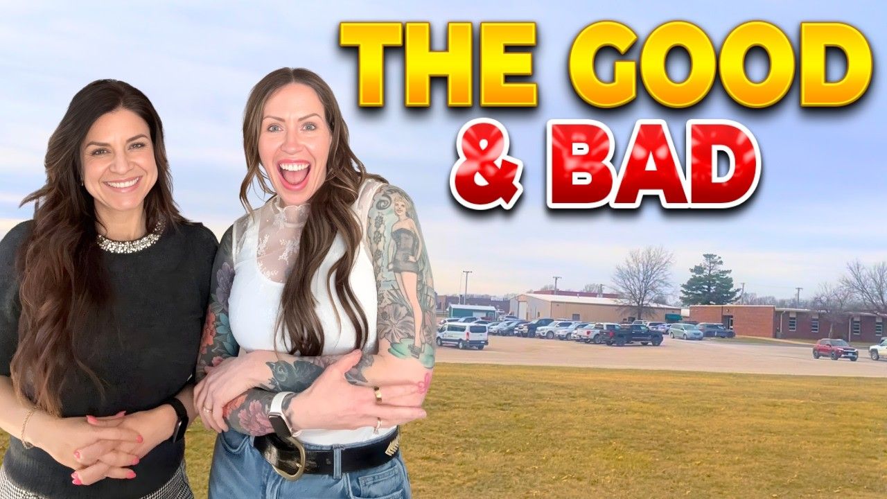 Two smiling women stand before a grassy roadside scene with bold yellow-and-red text reading “THE GOOD & BAD.”