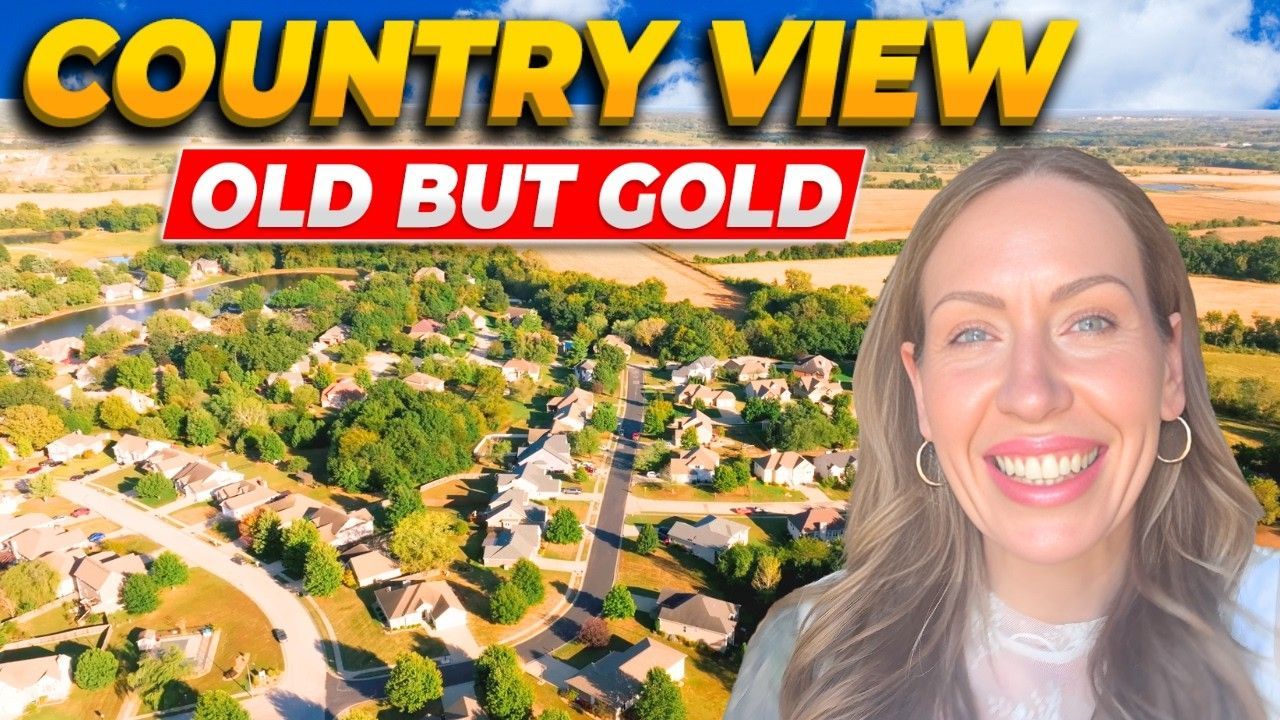 A smiling person is positioned over an aerial view of a suburban neighborhood with fields, titled 