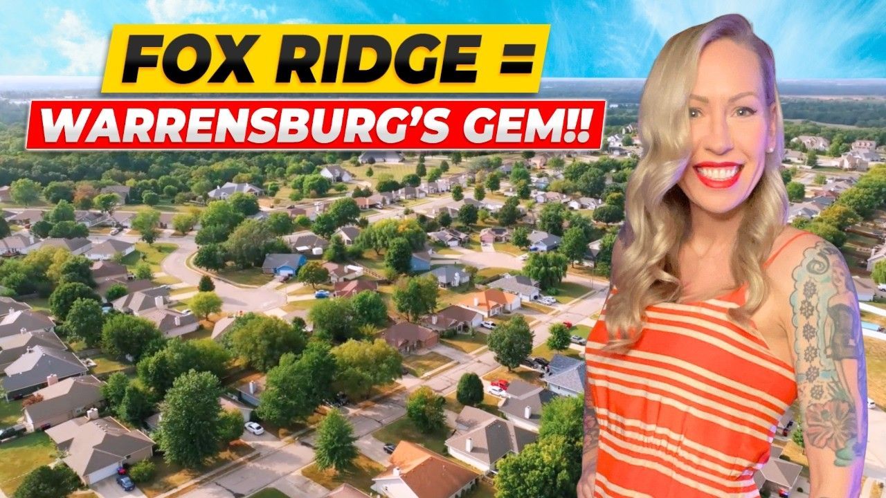 Fox Ridge neighborhood aerial with smiling woman and bold text, “Warrensburg’s Gem!”
