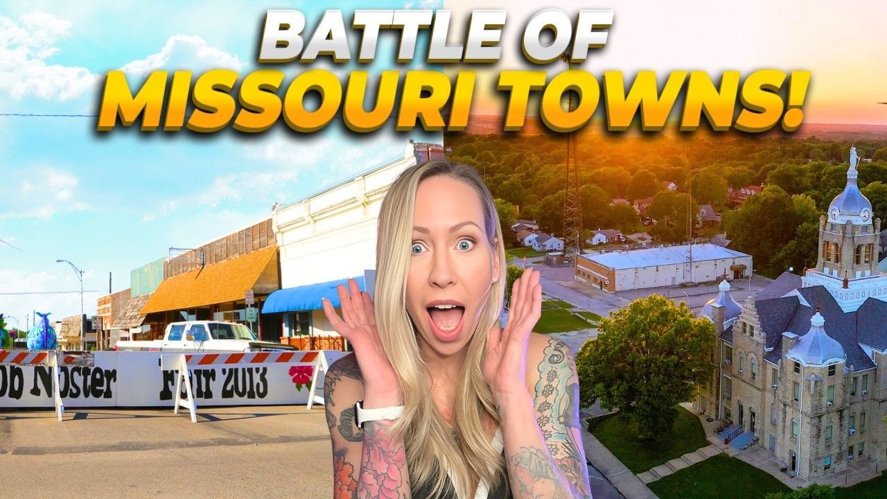 Blonde woman surprised with hands raised, on a split screen of Missouri towns: a street scene and a building.