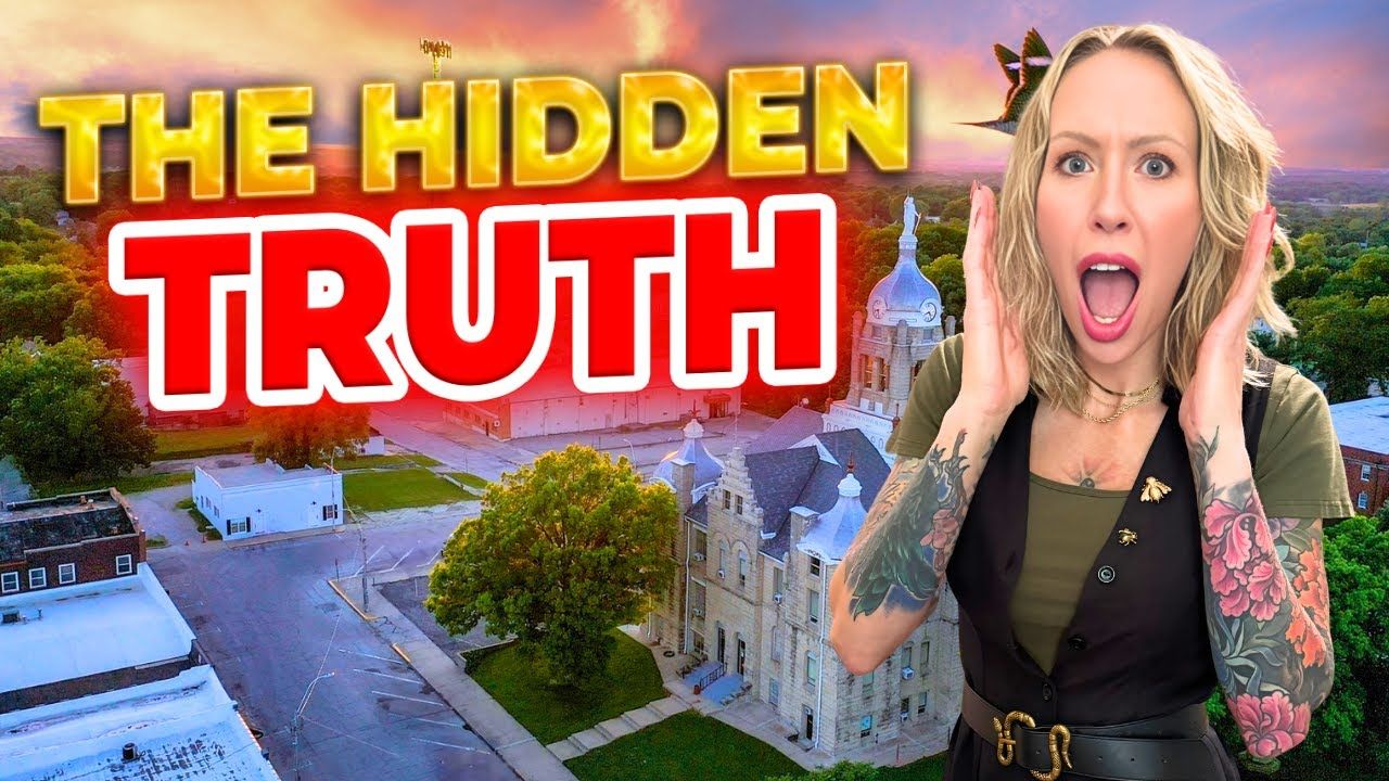 A woman with tattoos gasps in front of a town, text reading 