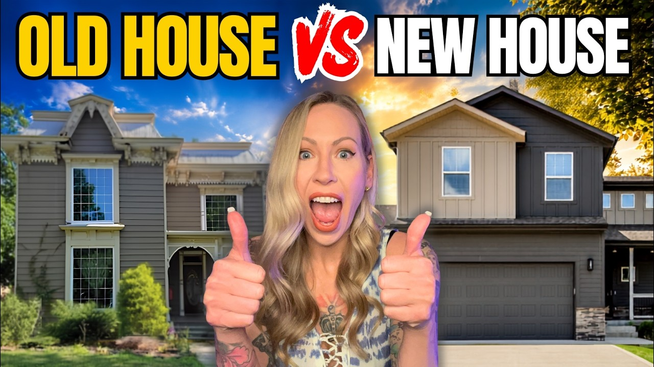 Split thumbnail of old house vs new house with a smiling woman giving thumbs up in the center