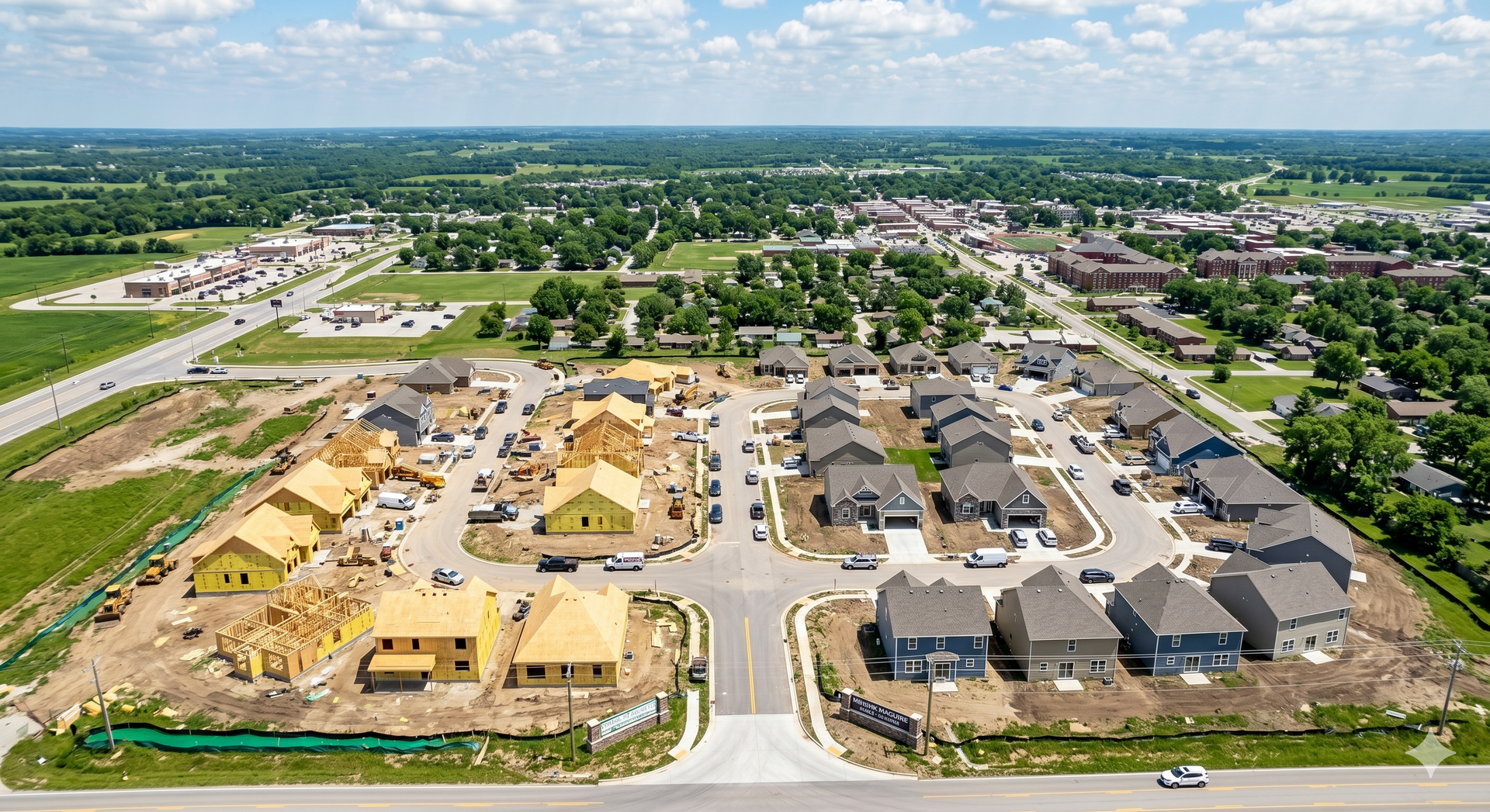 Aerial view of a large suburban housing development with rows of new homes and roads under construction