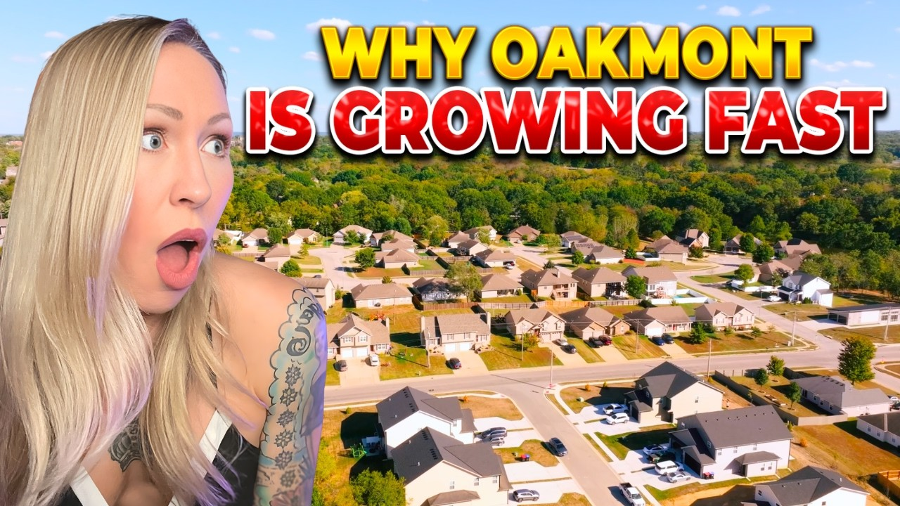 Blonde woman reacting beside aerial view of suburban neighborhood with bold text, “WHY OAKMONT IS GROWING FAST”