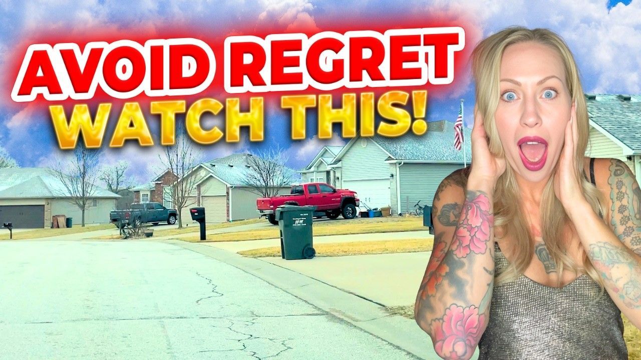 A woman is standing in front of a sign that says avoid regret watch this.