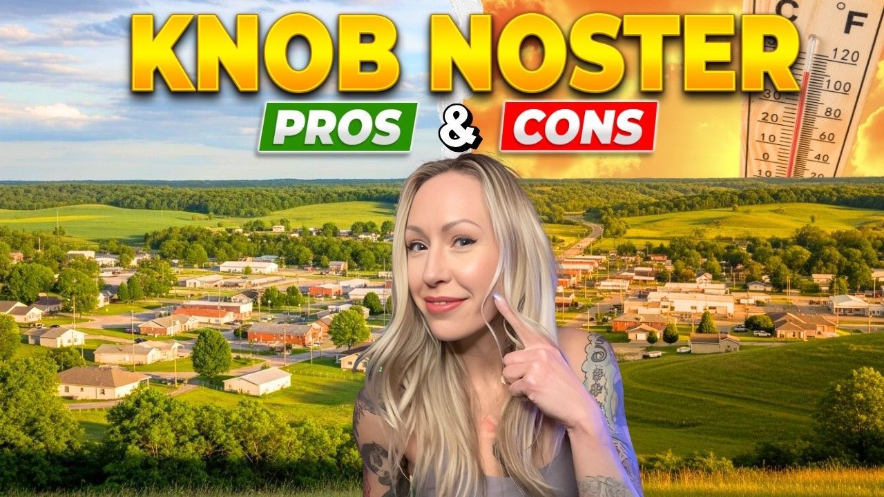 Thumbnail with blonde woman in front of countryside, bold text “KNOB NOSTER PROS & CONS”