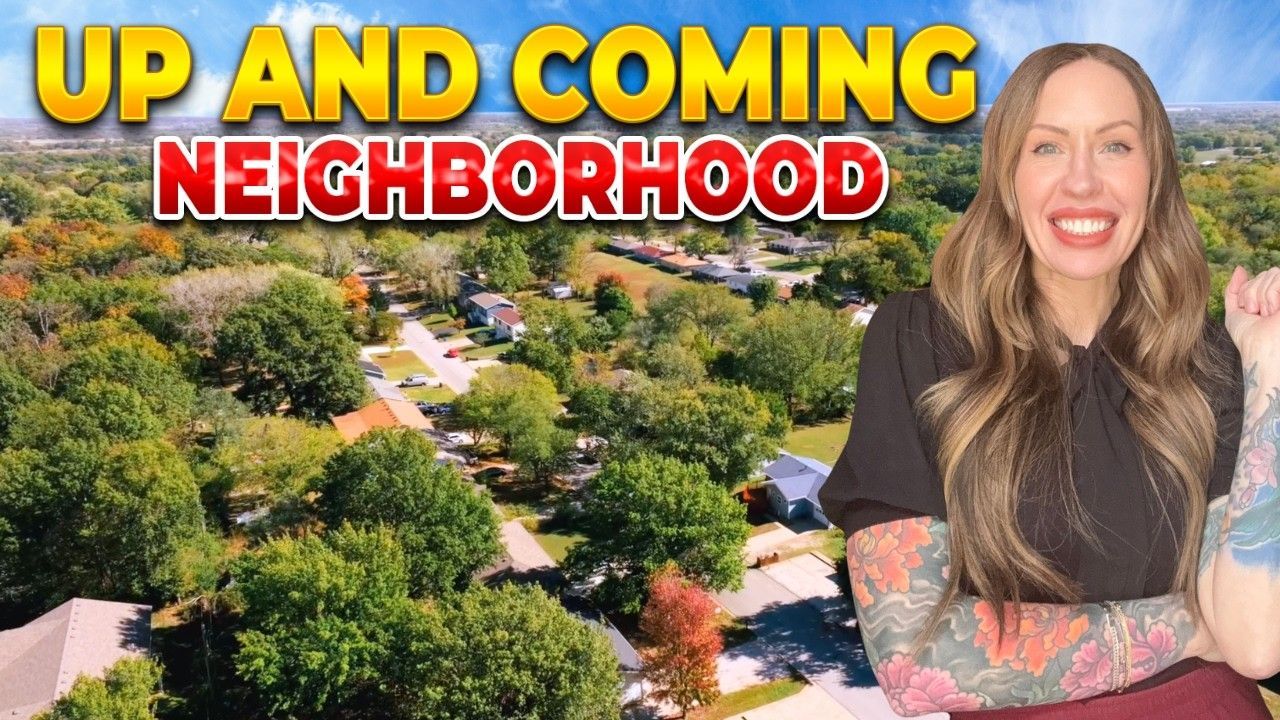 Aerial neighborhood view with bold “UP AND COMING NEIGHBORHOOD” text and a smiling woman on the right