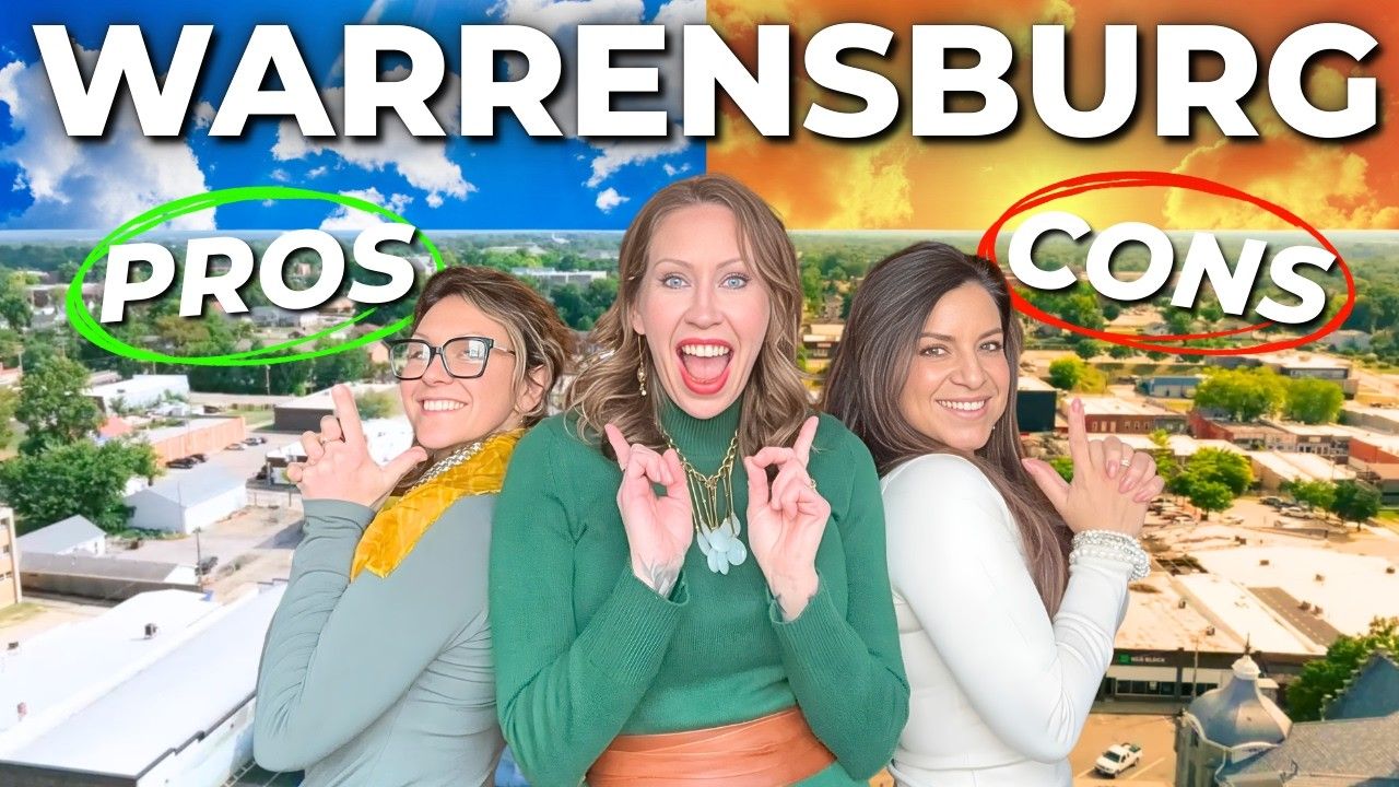 Three women in front of a split sky over Warrensburg;