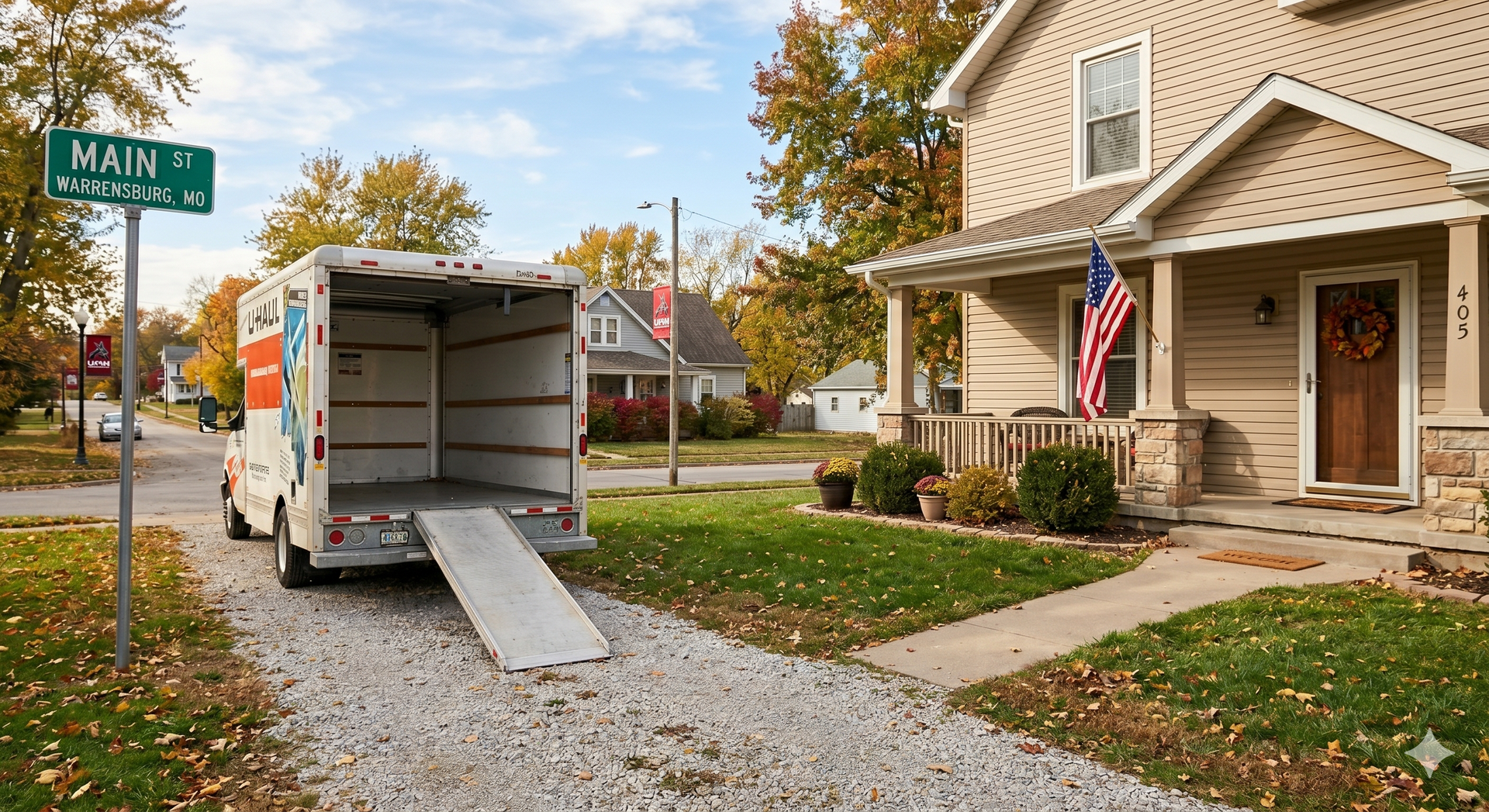 Moving truck with ramp parked beside a house on a suburban street, near a green Main St sign 