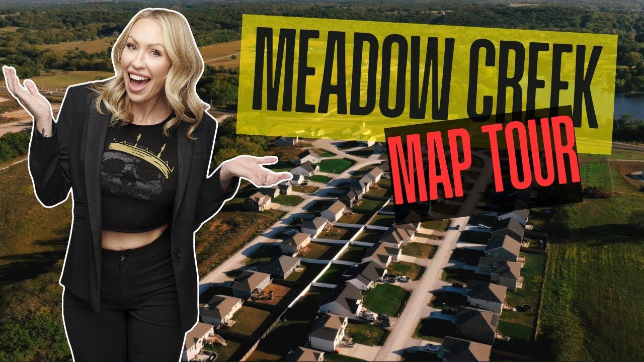 Woman gestures toward aerial view of Meadow Creek, with text 