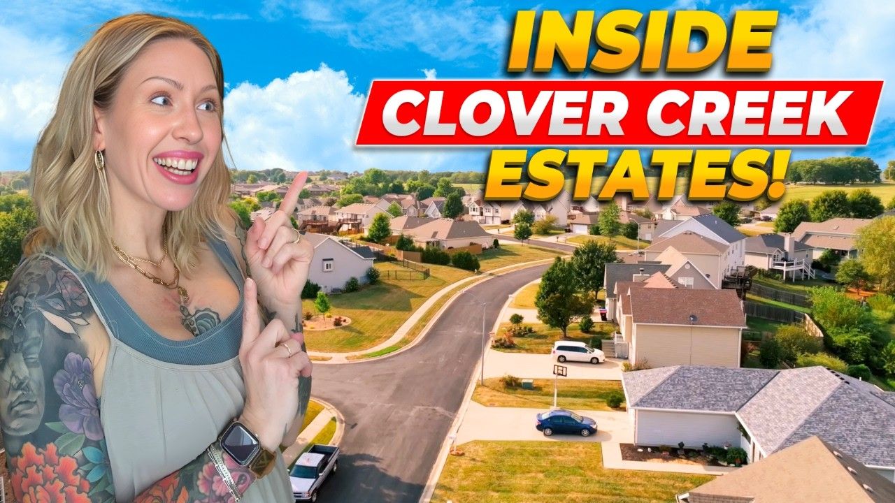 A person points towards an aerial view of a suburban neighborhood, with the text 