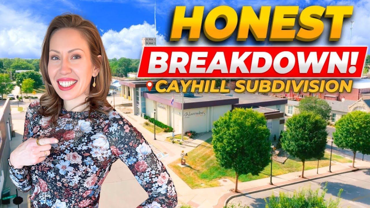 Woman pointing at herself with a smiling expression, with a building and aerial view of a subdivision in the background. Text overlay reads