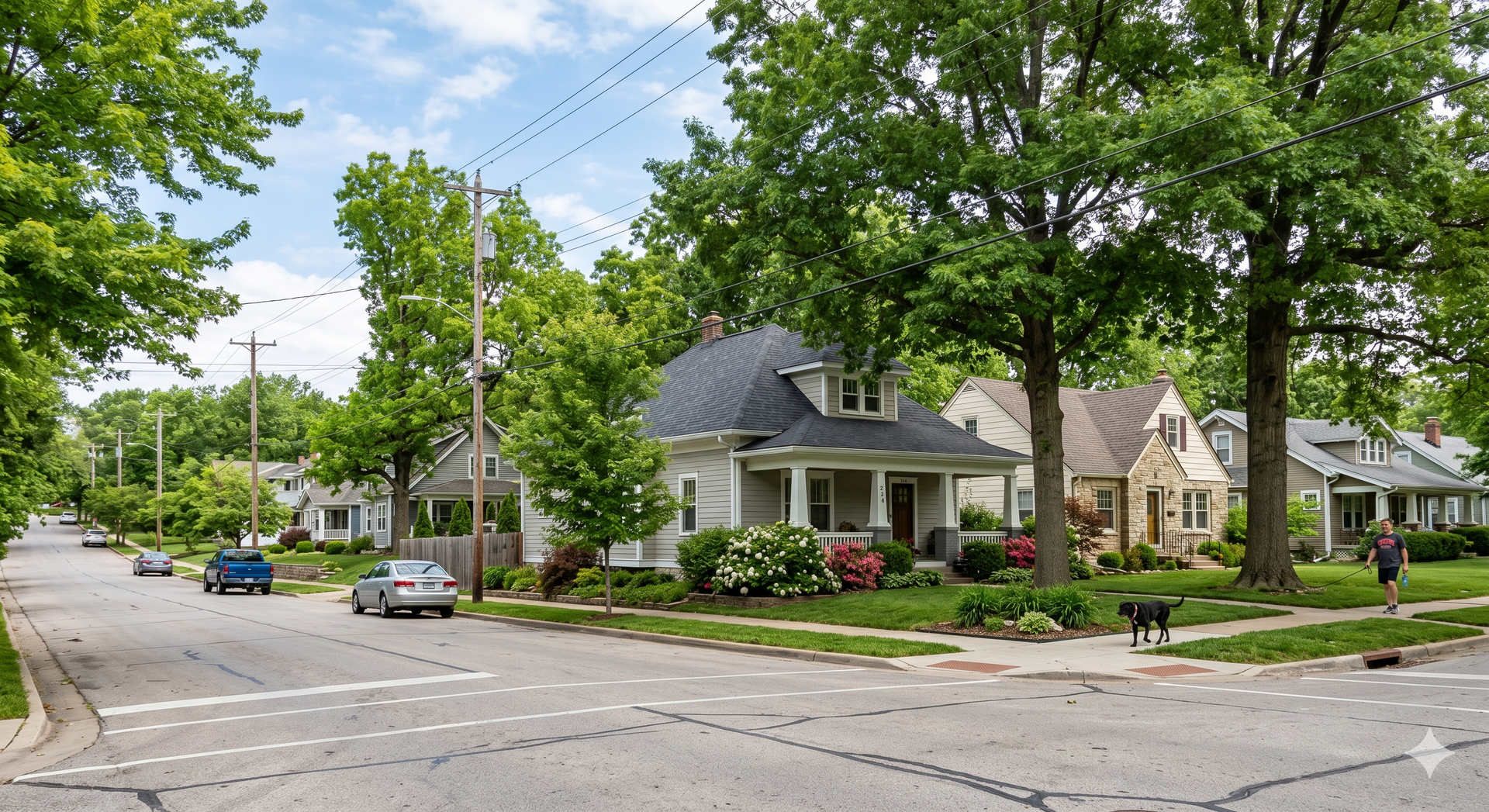 Tree-lined suburban street with houses, parked cars, and a sidewalk on a cloudy day
