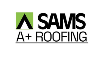 The logo for Sams A+ Roofing features a black roof-shaped triangle on a lime green square next to black text.
