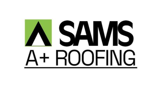 The logo for Sams A+ Roofing features a black roof-shaped triangle on a lime green square next to black text.