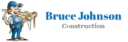 The logo for bruce johnson construction shows a cartoon man holding a plank of wood.