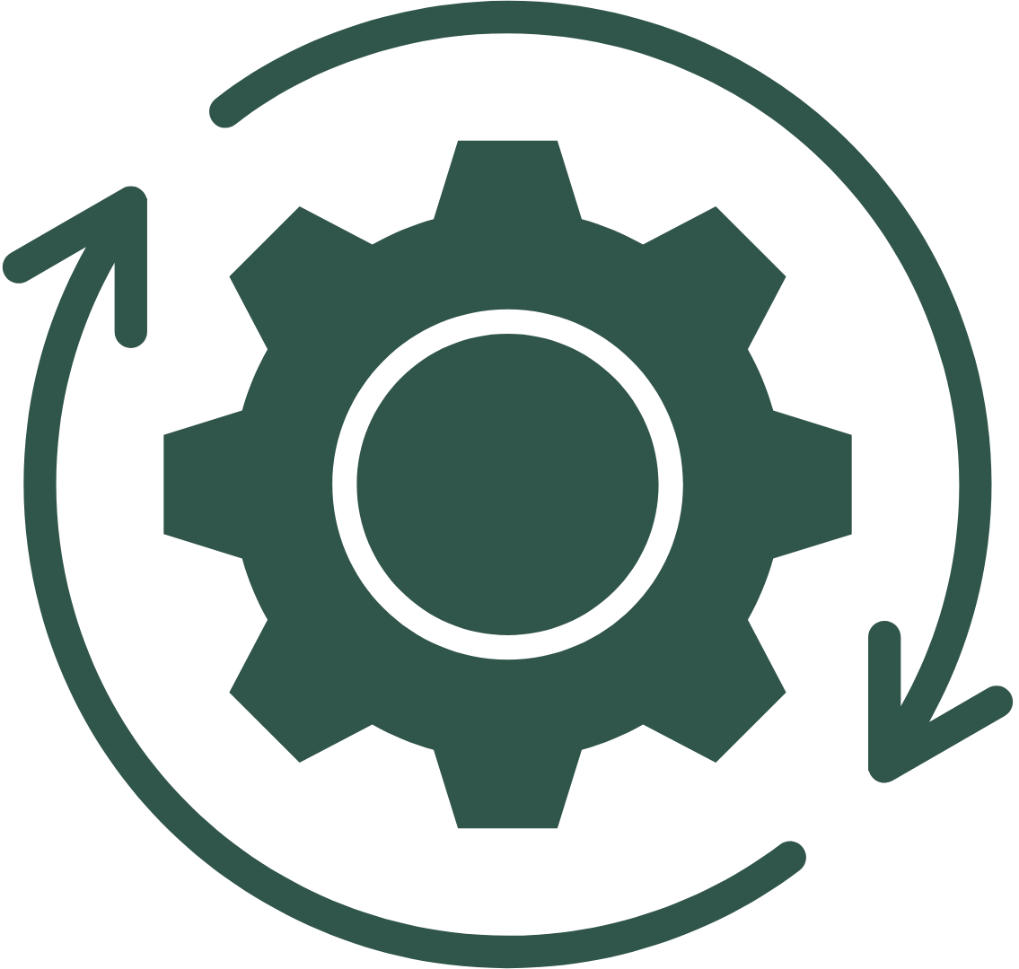 A green gear with two arrows around it.