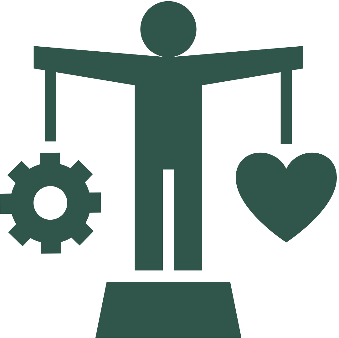 A silhouette of a man holding a gear and a heart on a scale.