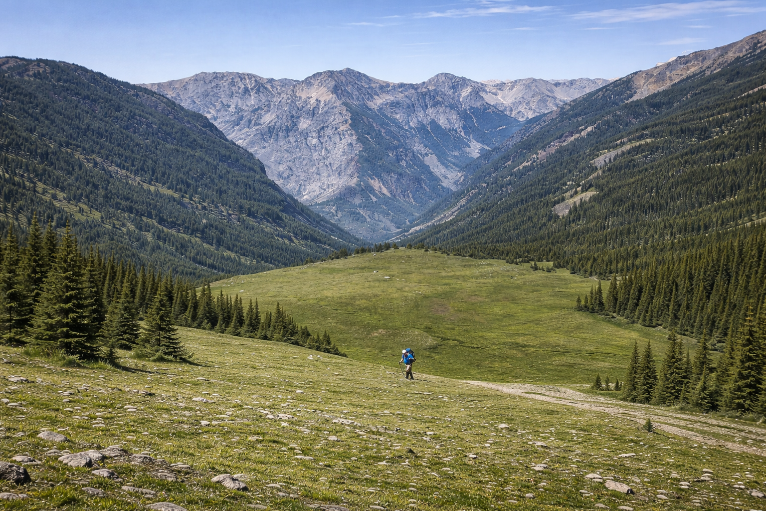 Green valley with a hiker; mountains in the distance and trees on the sides.