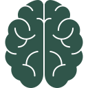 A green brain icon on a white background.