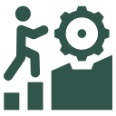 A man is climbing up a staircase next to a gear.