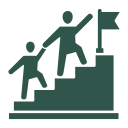 A man is helping another man climb a set of stairs while holding a flag.