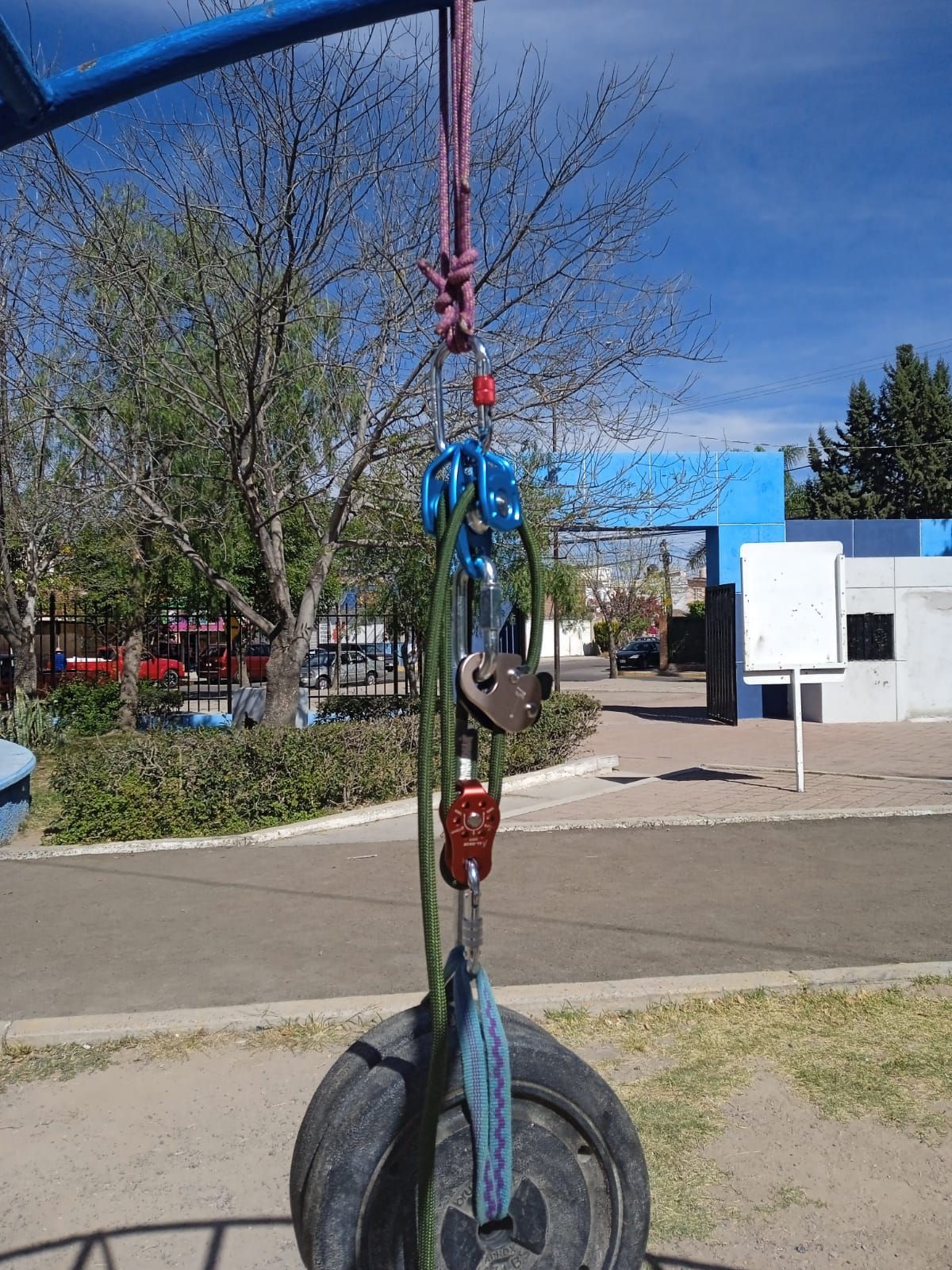 Un neumático cuelga de una cuerda en un parque.