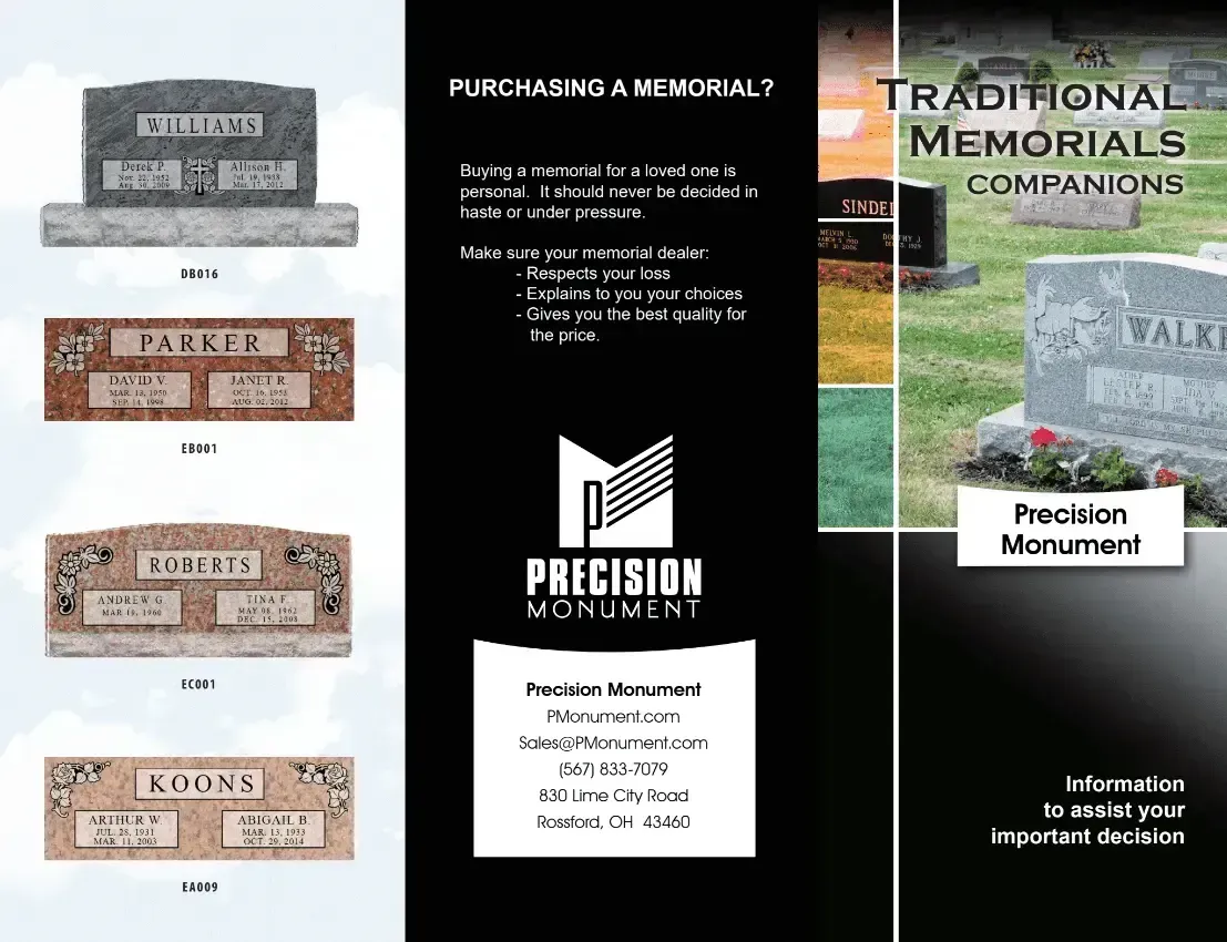 Brochure for Precision Monument. Shows gravestones, color swatches, and contact information.