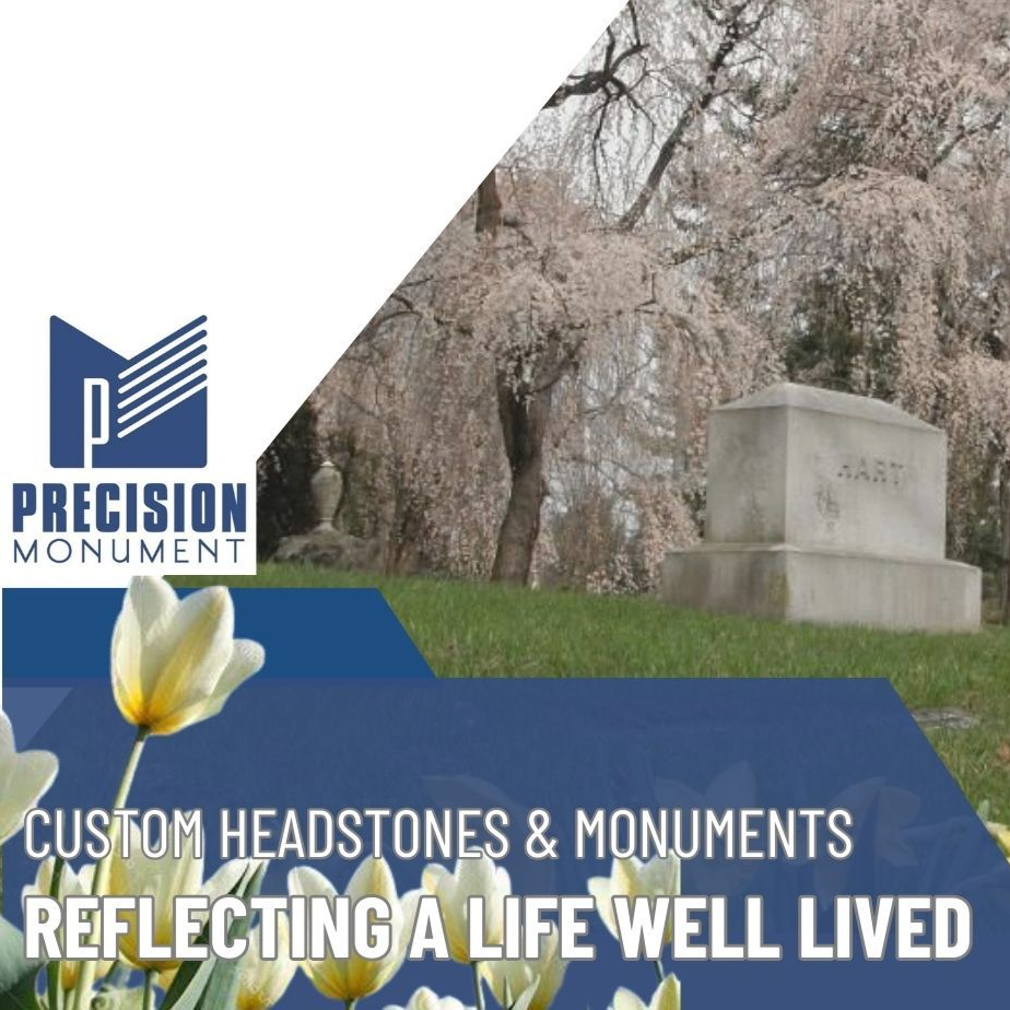 Precision Monument advertisement: Headstone in a cemetery, with flowers and text.