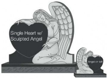 Black granite tombstone with a sculpted angel kneeling and resting on a heart.