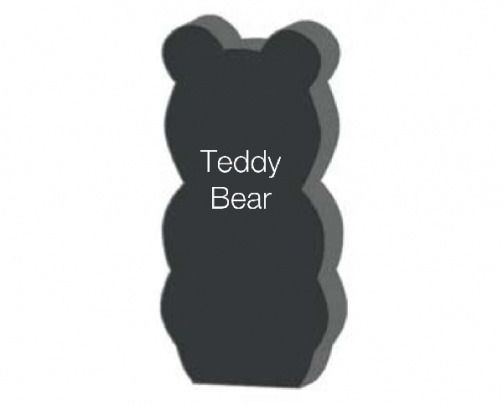 Silhouette of a teddy bear in gray with the text 